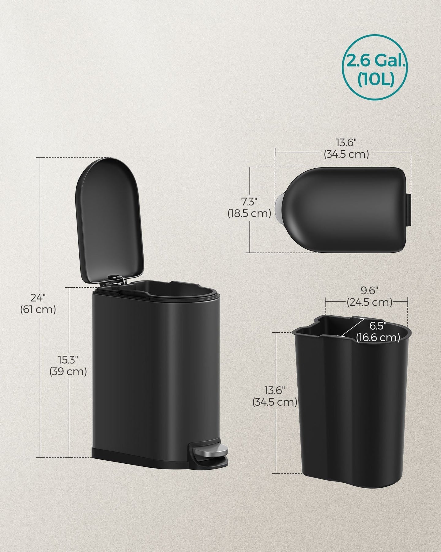 Small Pedal Bin - Steel - Silver - 10L Capacity with Removable Inner Bucket and Slow Close Lid