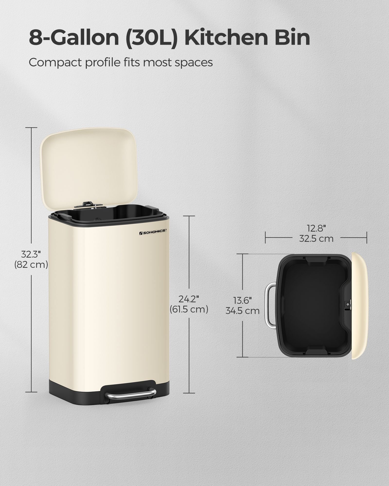 Step Trash Can - Stainless Steel - Cream White - 30L Capacity with Soft Close Lid
