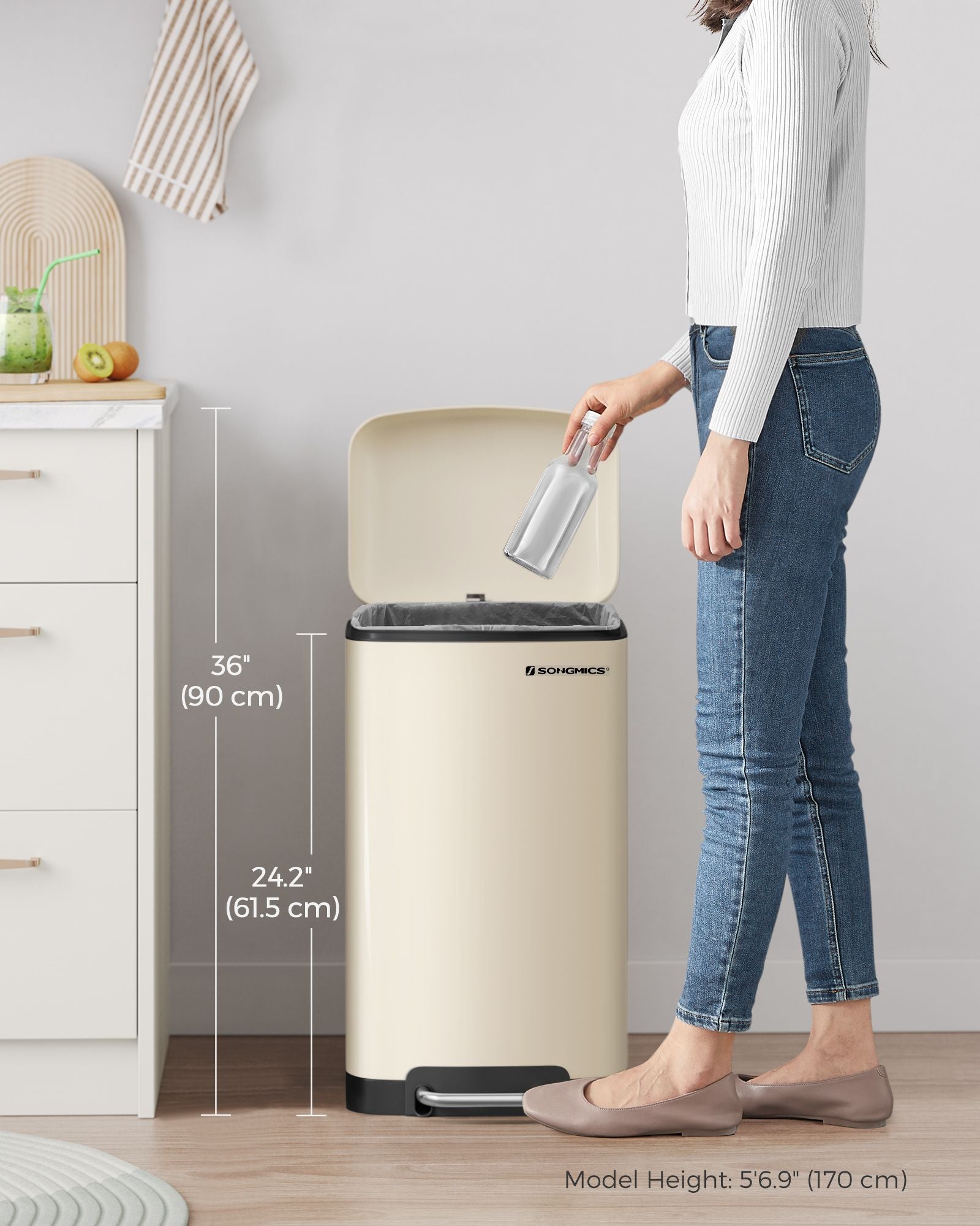 Step Trash Can - Stainless Steel - Cream White - 30L Capacity with Soft Close Lid