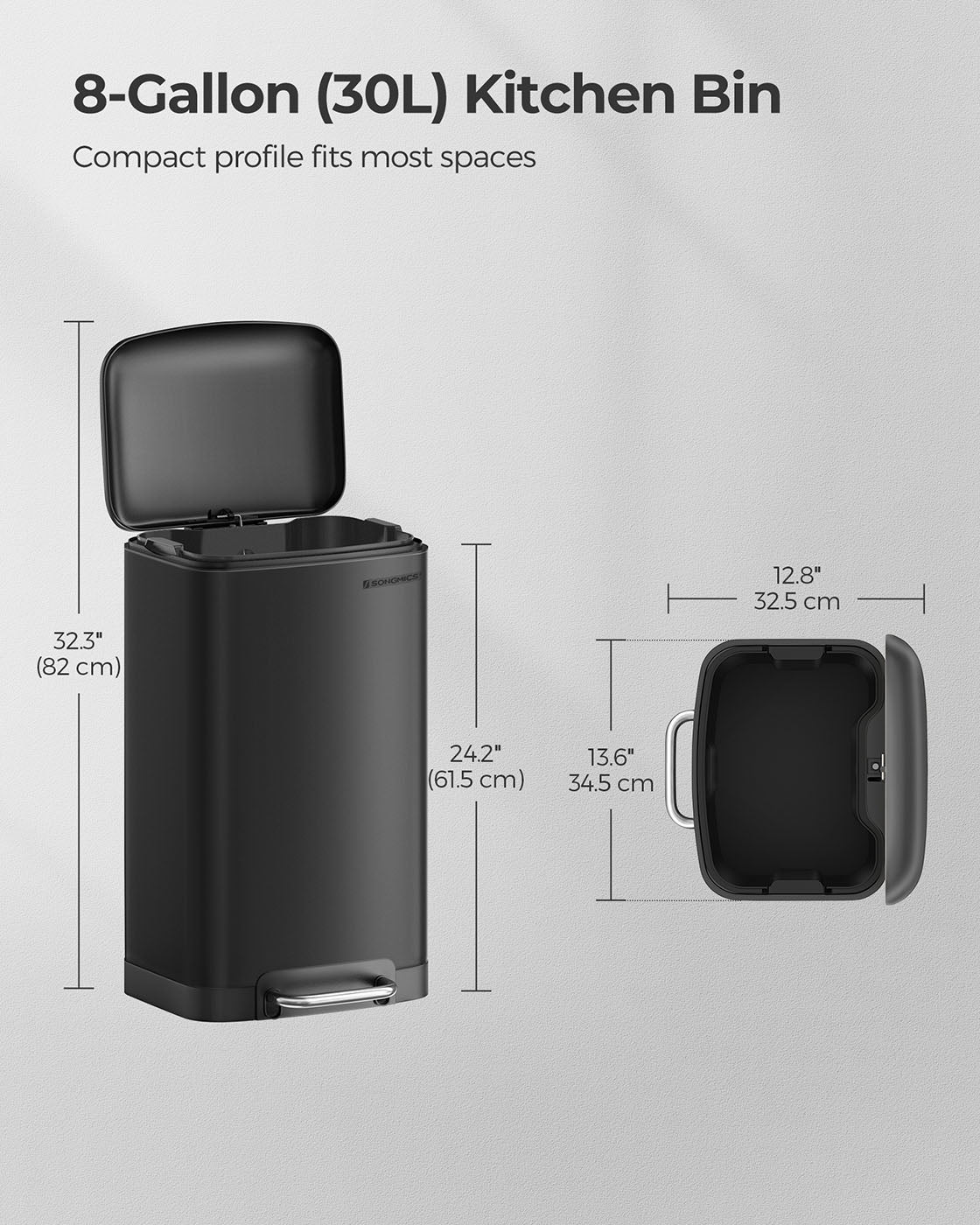 Step Trash Can - Stainless Steel - Black - Soft Close Lid with Inner Bucket