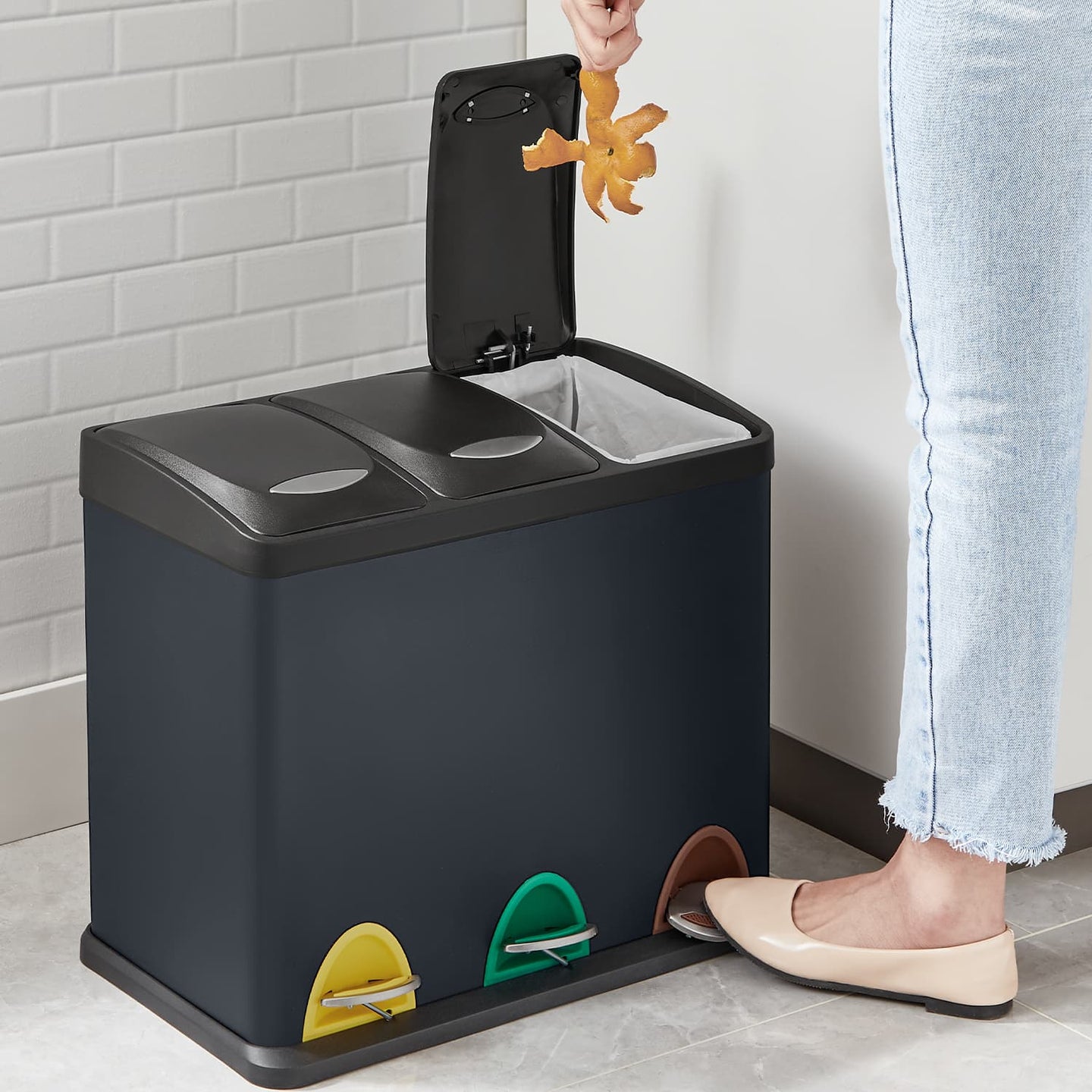 Metal Pedal Trash Bin - Silver - Set of 3 with Lids and Inner Buckets for Waste and Recycling