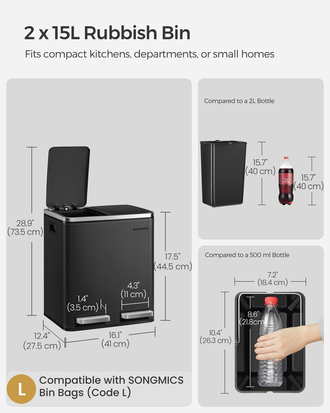 Trash Can - Stainless Steel - Silver - 30 L Dual Compartment for Recycling