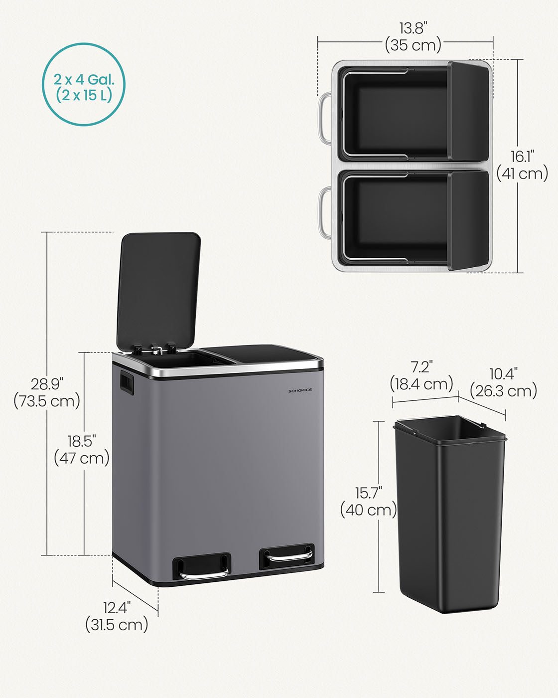 Double Kitchen Bin - Stainless Steel - Silver - Includes 15 Liners for Recycling and Waste