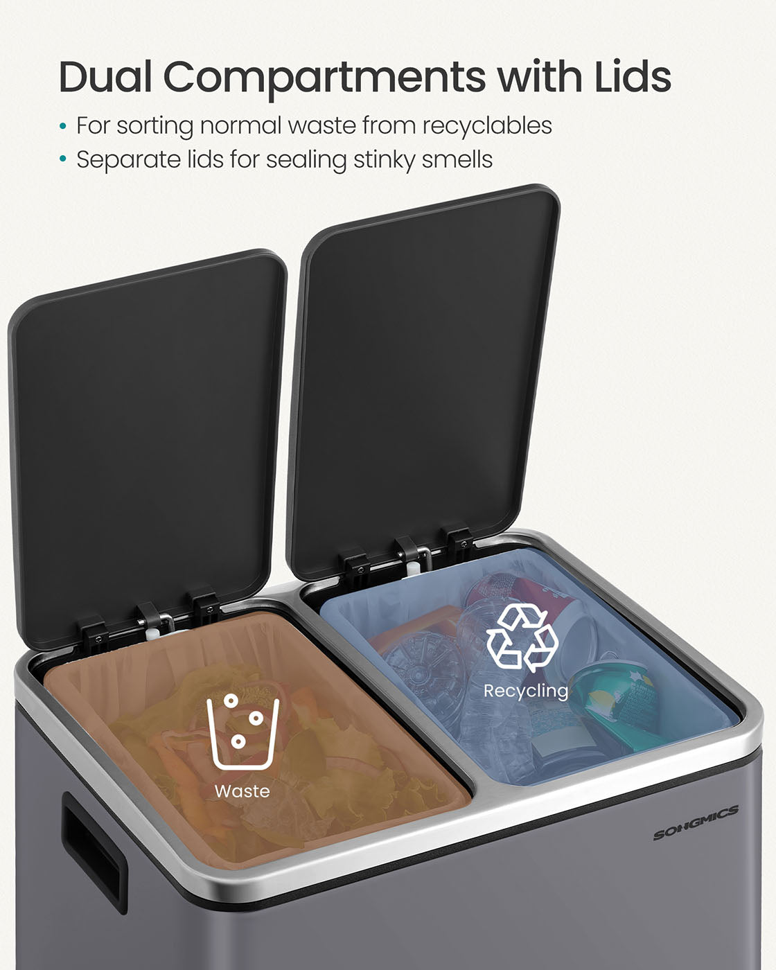 Double Kitchen Bin - Stainless Steel - Silver - Includes 15 Liners for Recycling and Waste