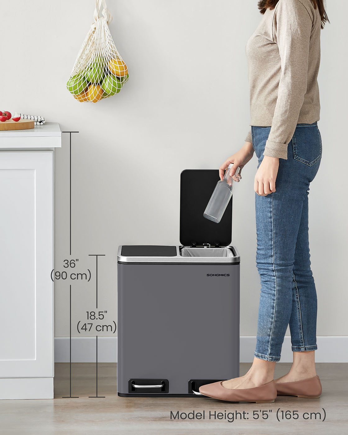 Double Kitchen Bin - Stainless Steel - Silver - Includes 15 Liners for Recycling and Waste