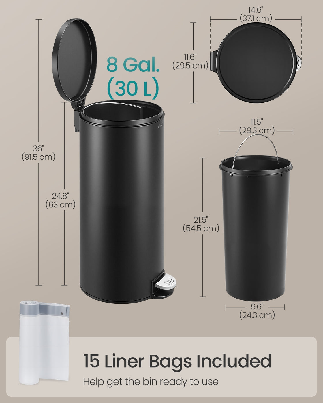 Kitchen Trash Can - 30L - Steel - Metal Pedal