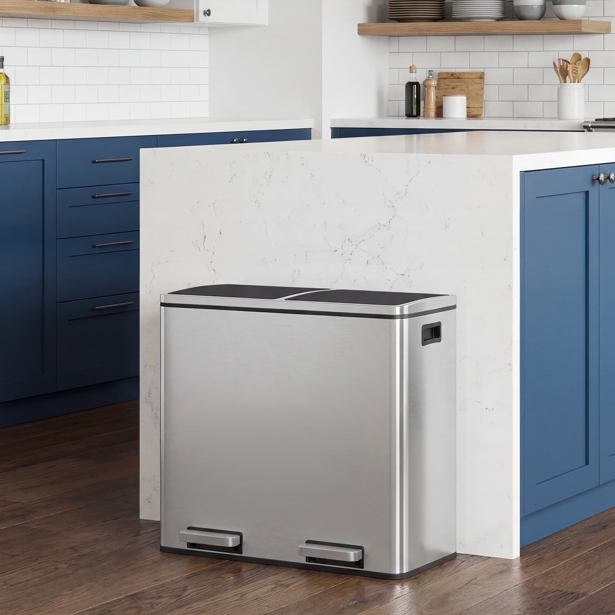 Dual-Compartment Metal Recycling Bin - 48L - Stainless Steel - Soft Close Lid