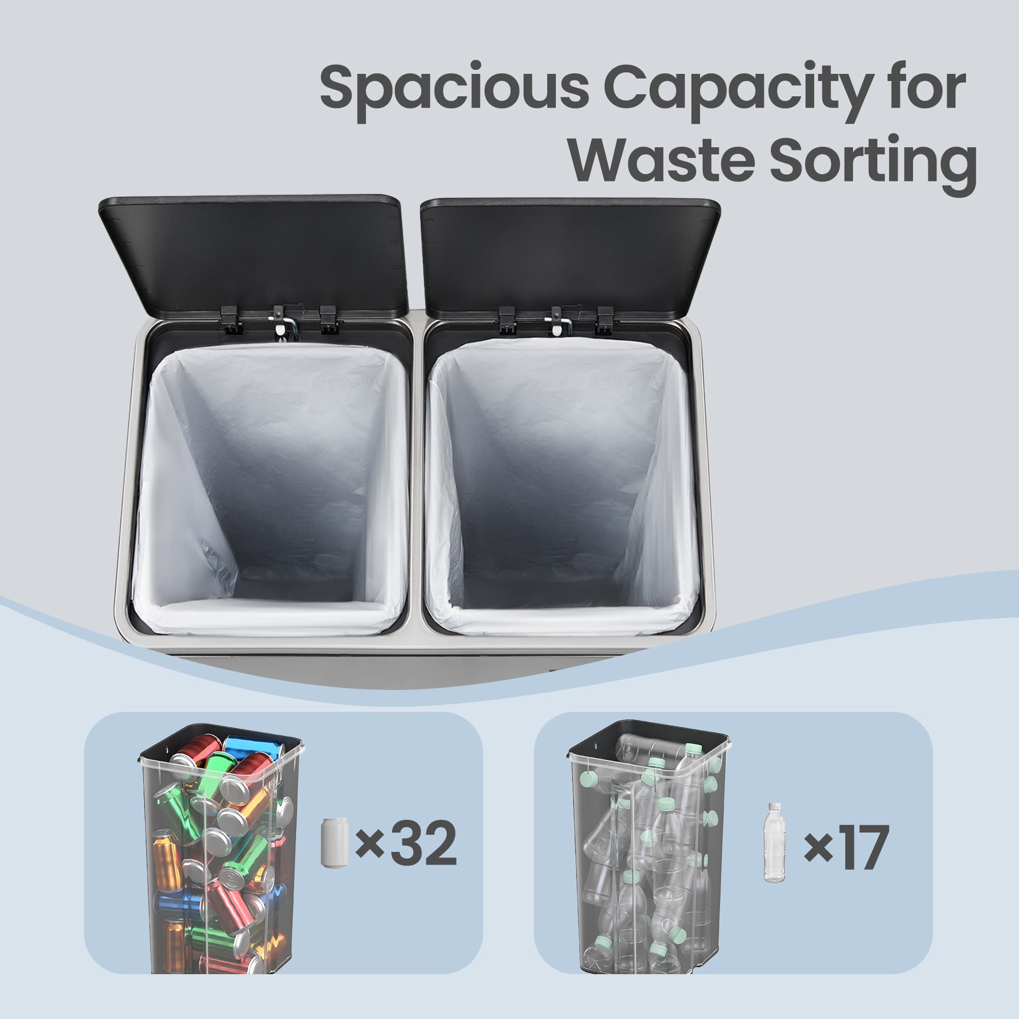 Dual-Compartment Metal Recycling Bin - 48L - Stainless Steel - Soft Close Lid