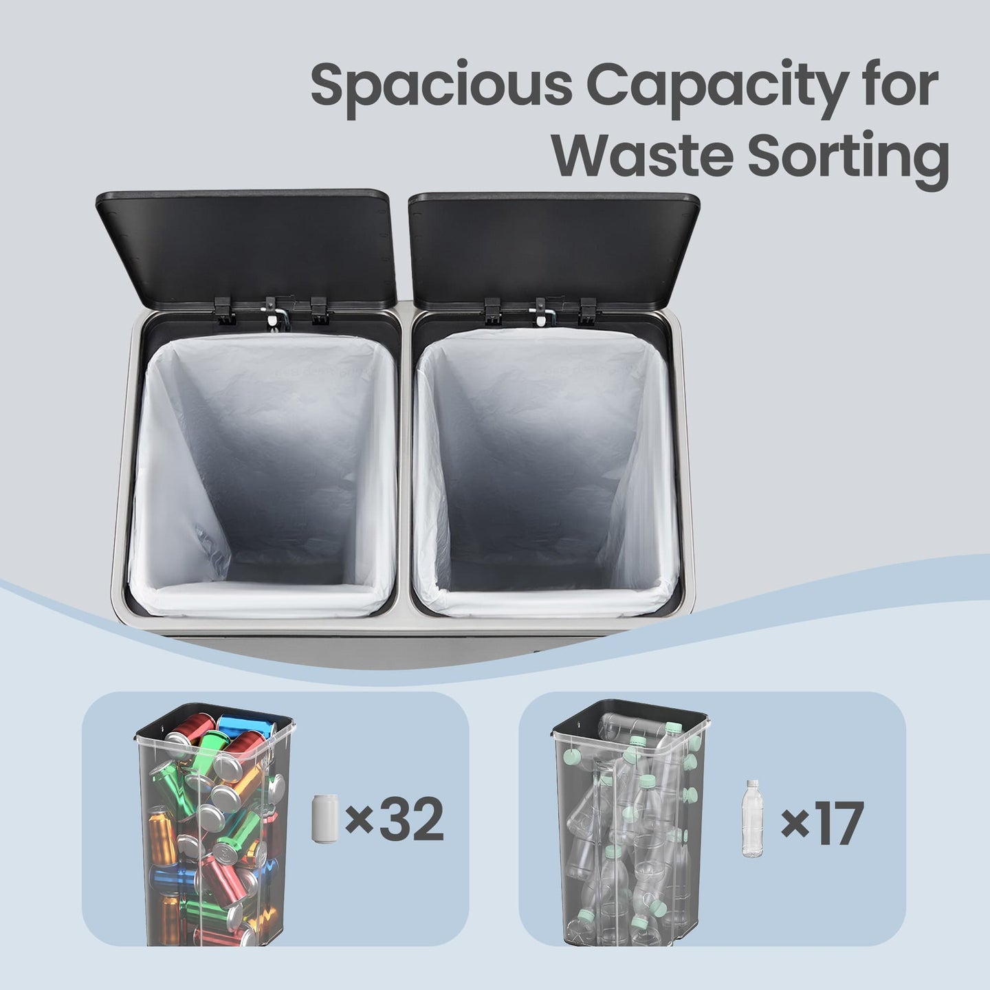 Dual-Compartment Metal Recycling Bin - 48L - Stainless Steel - Soft Close Lid