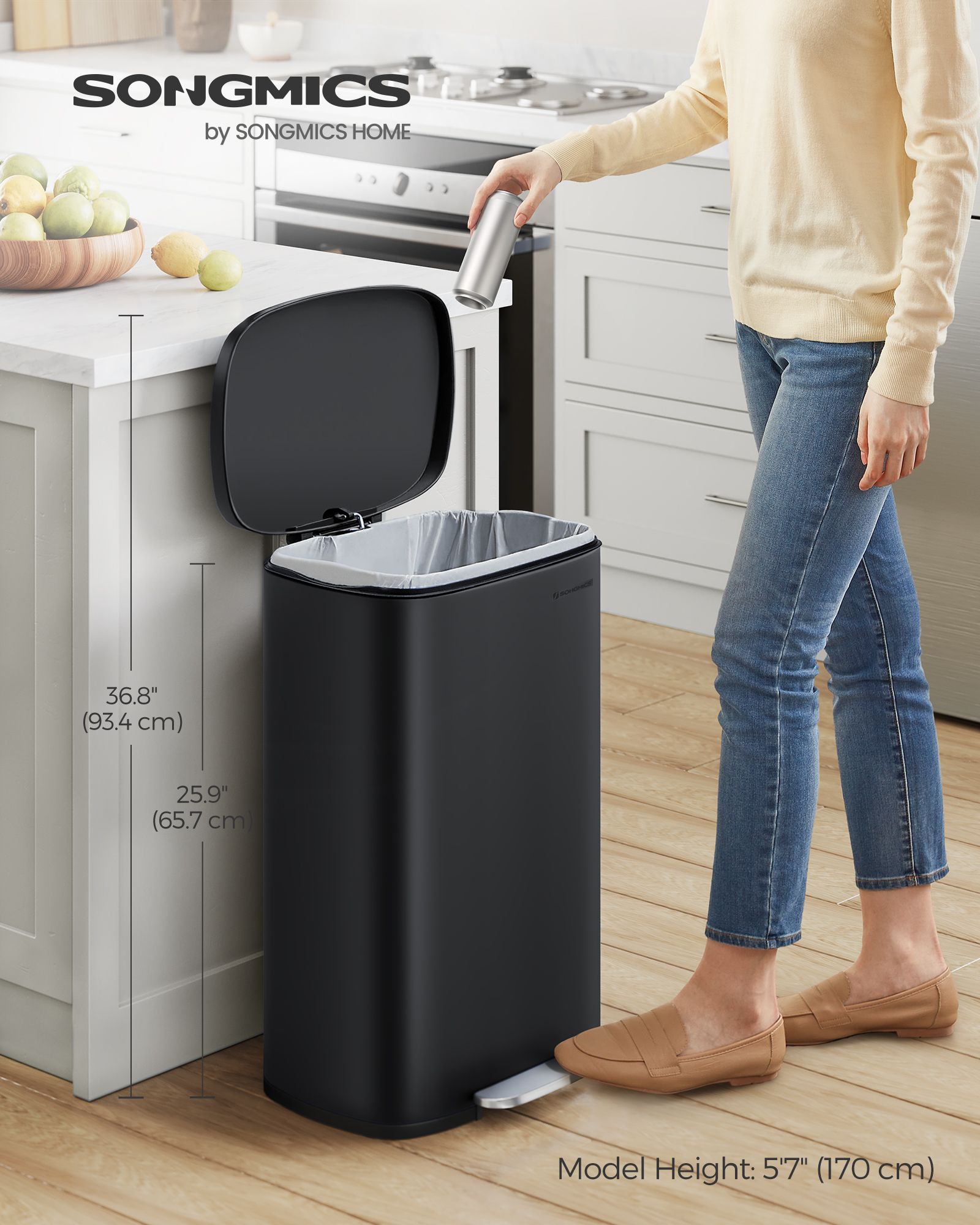 Kitchen Pedal Bin Ink - Steel Bin and Plastic Inner Bucket - Black