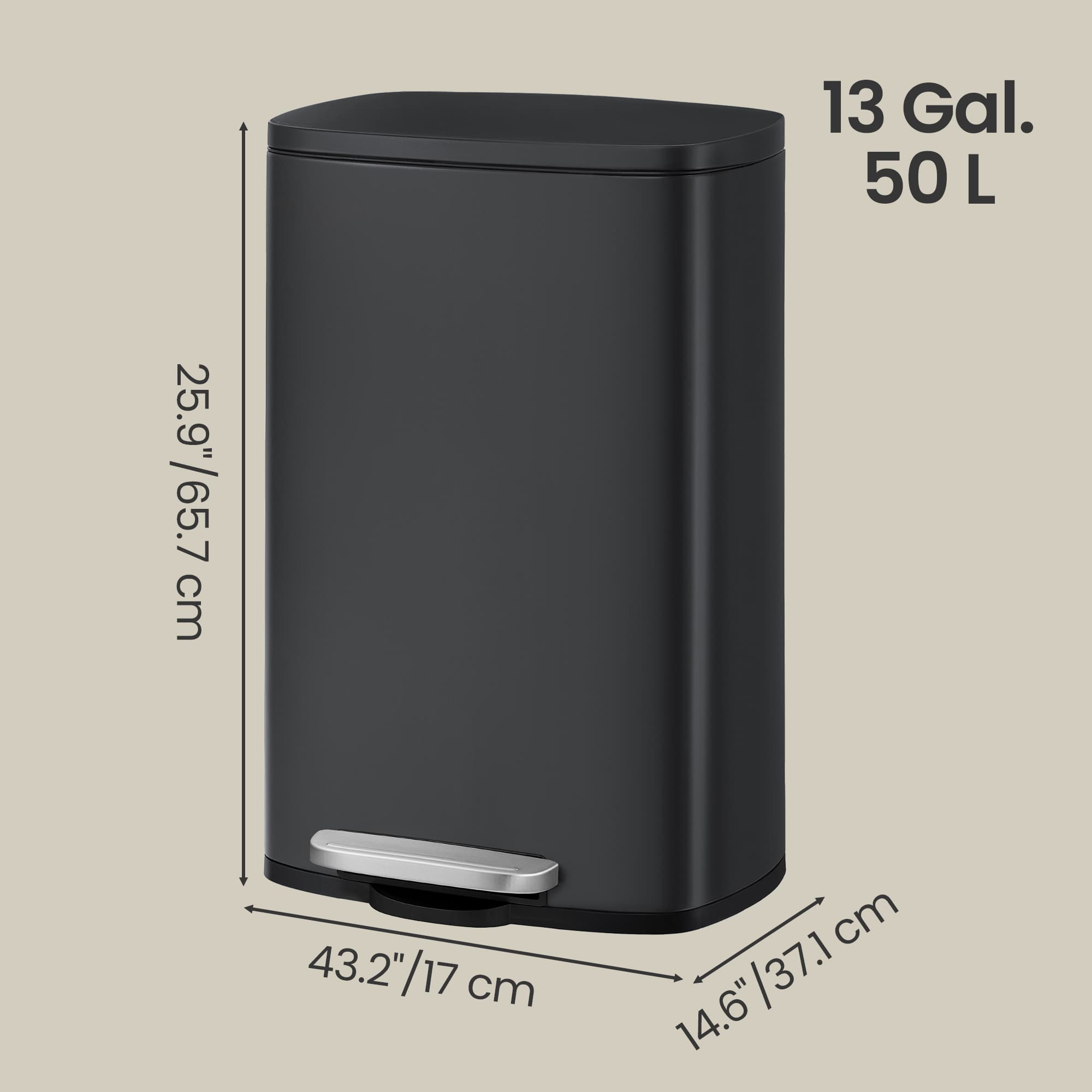 Steel Trash Bin - Stainless Steel - Black - 50L with Soft Close and Removable Inner Bucket