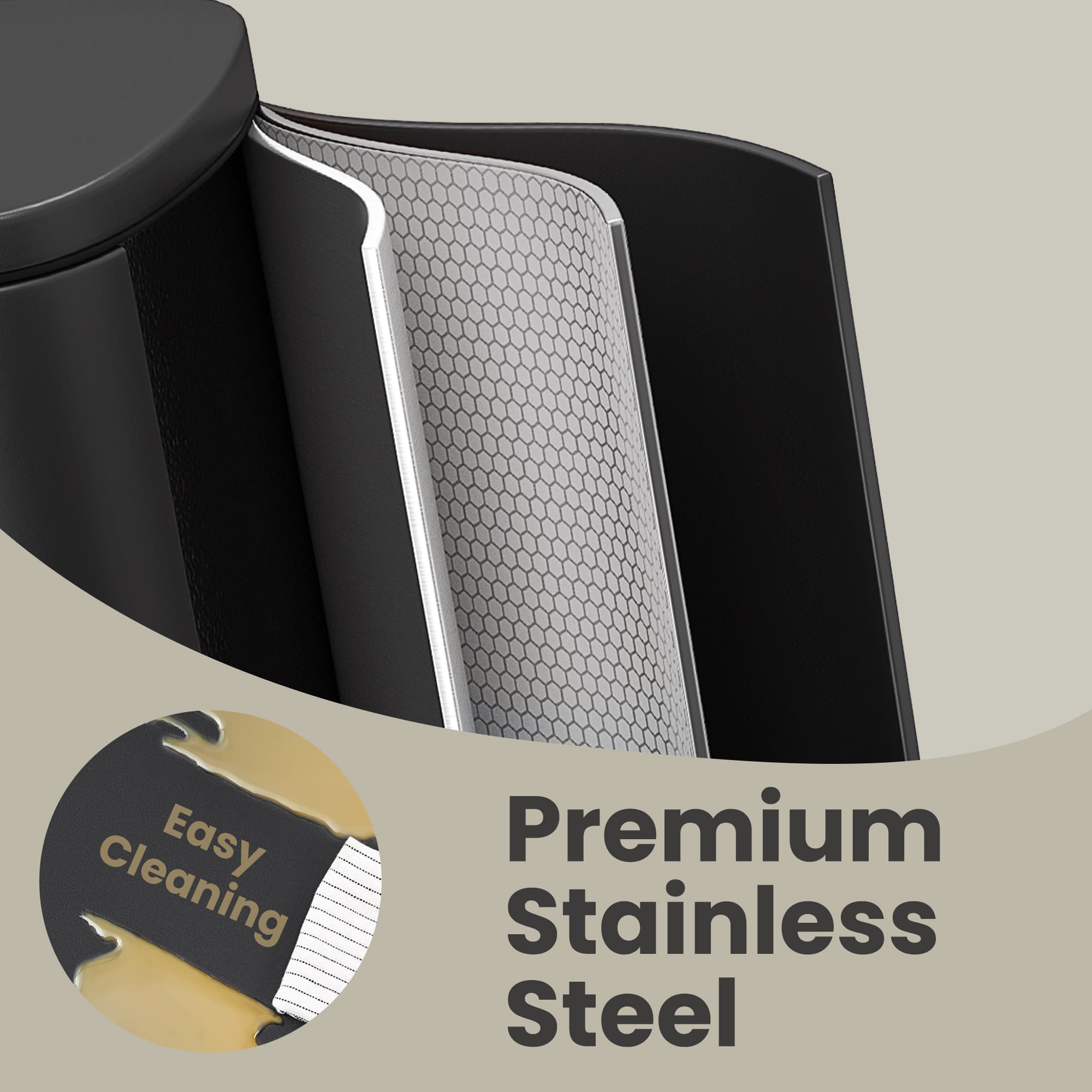 Steel Trash Bin - Stainless Steel - Black - 50L with Soft Close and Removable Inner Bucket