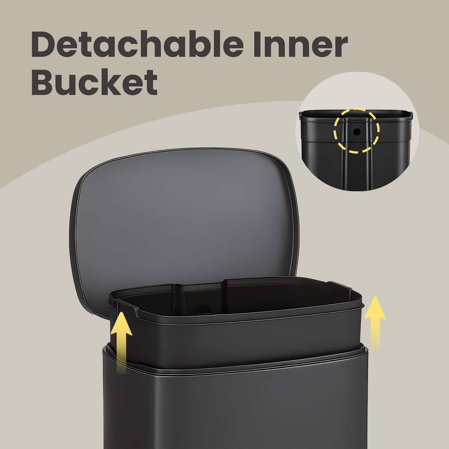 Steel Trash Bin - Stainless Steel - Black - 50L with Soft Close and Removable Inner Bucket