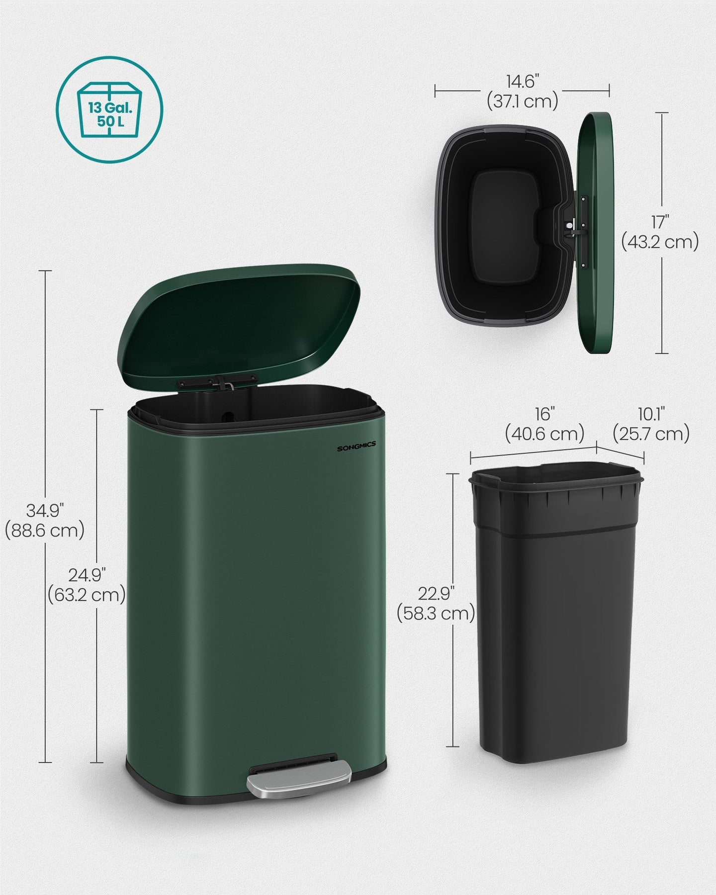 Pedal Bin - Steel - Retro Green - 50L Capacity with Soft Close Function