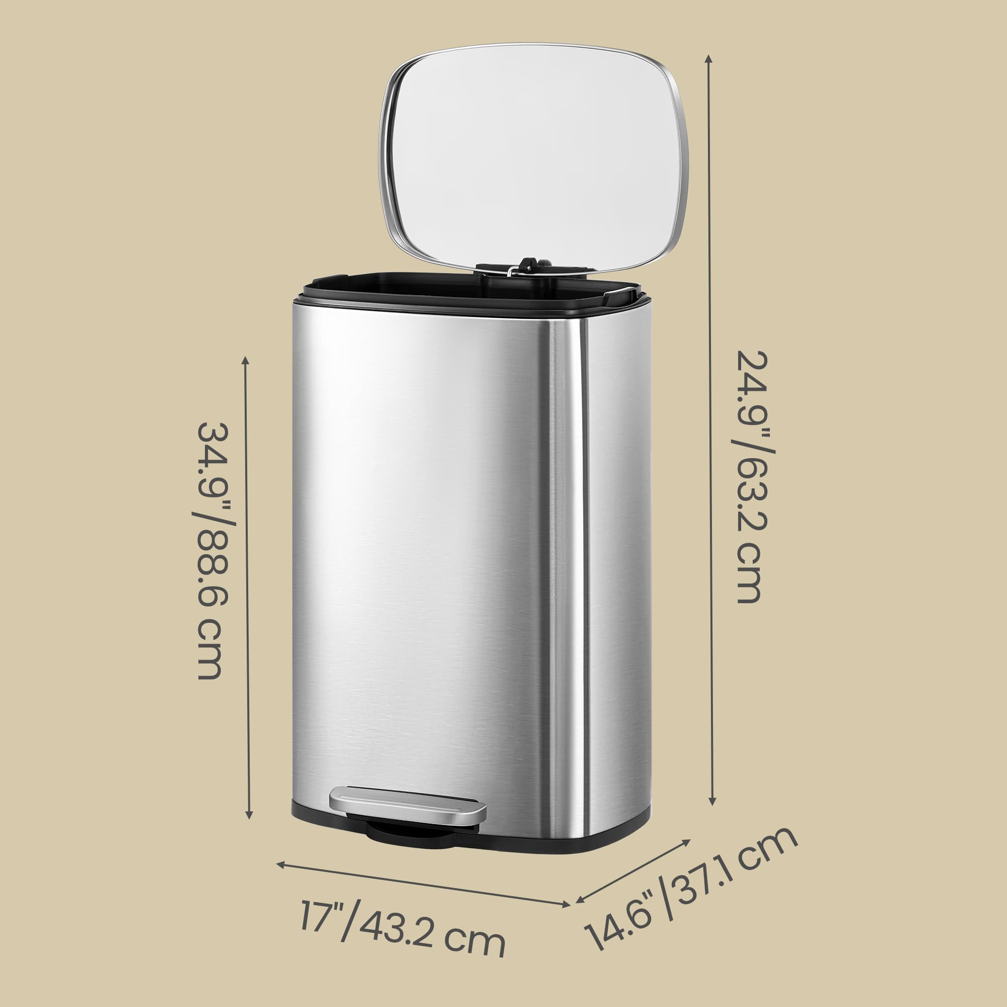 Steel Trash Bin - Stainless Steel - Black - 50L with Soft Close and Removable Inner Bucket