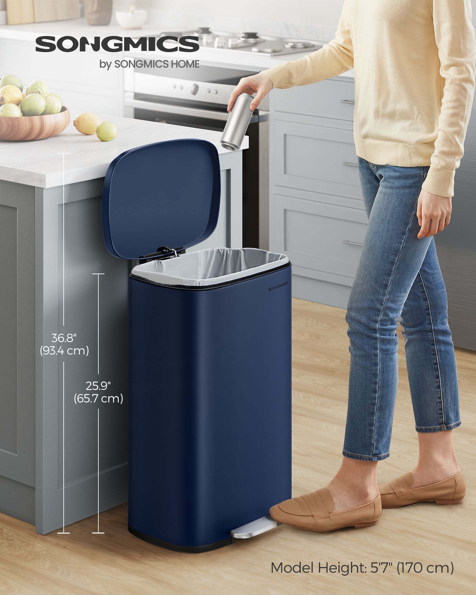 Kitchen Pedal Bin Charcoal - Steel Bin and Plastic Inner Bucket - Blue