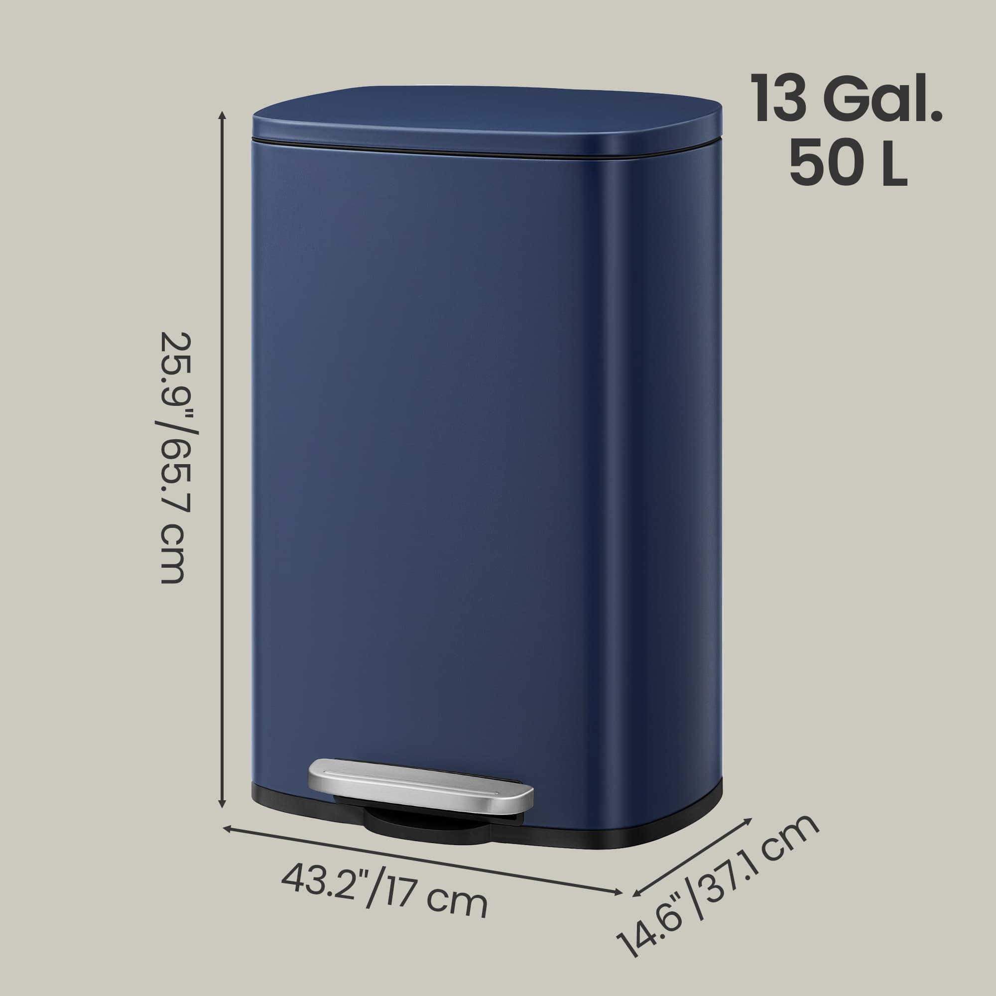 Steel Trash Bin - Stainless Steel - Blue - 50L Capacity with Soft Close and Removable Inner Bucket
