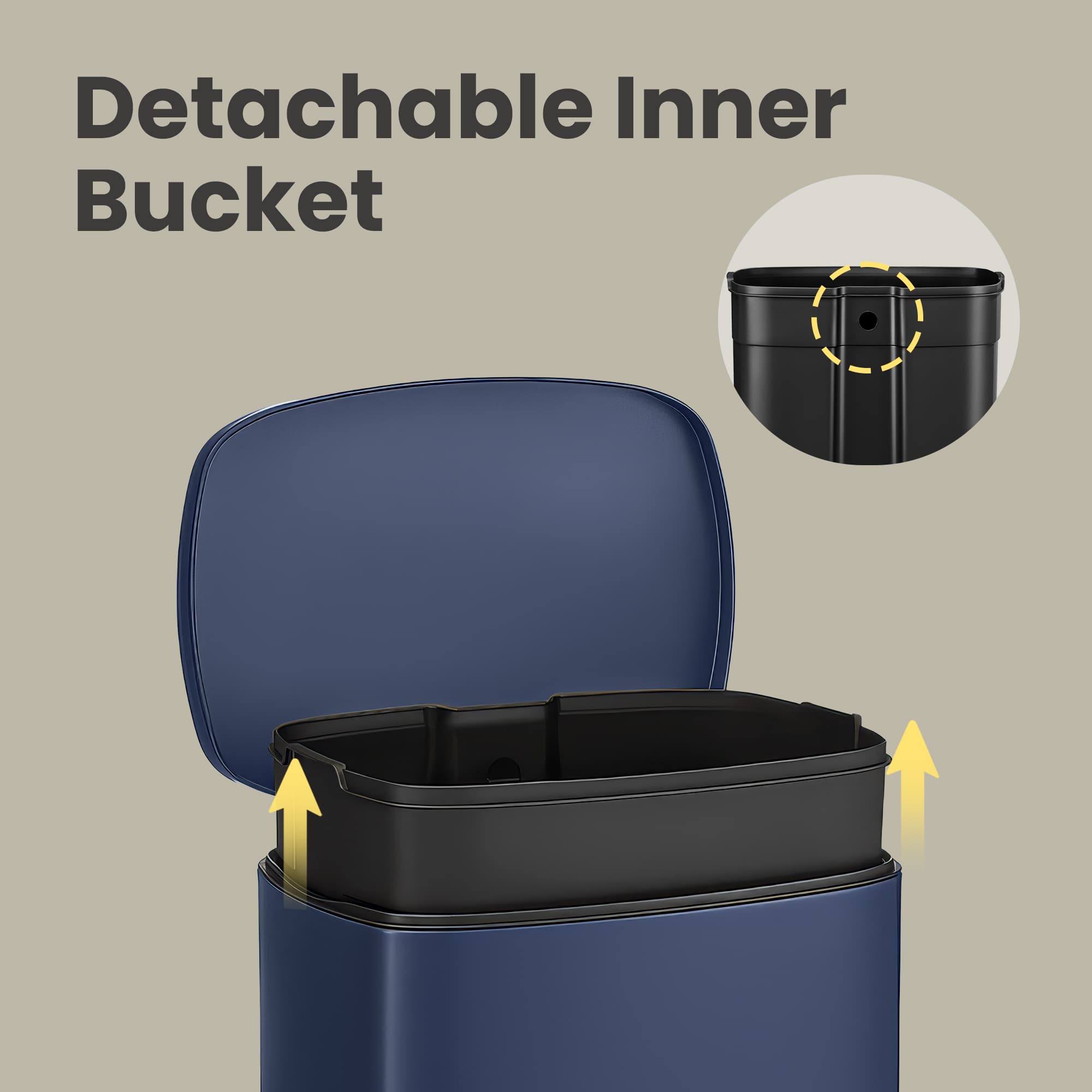 Steel Trash Bin - Stainless Steel - Blue - 50L Capacity with Soft Close and Removable Inner Bucket