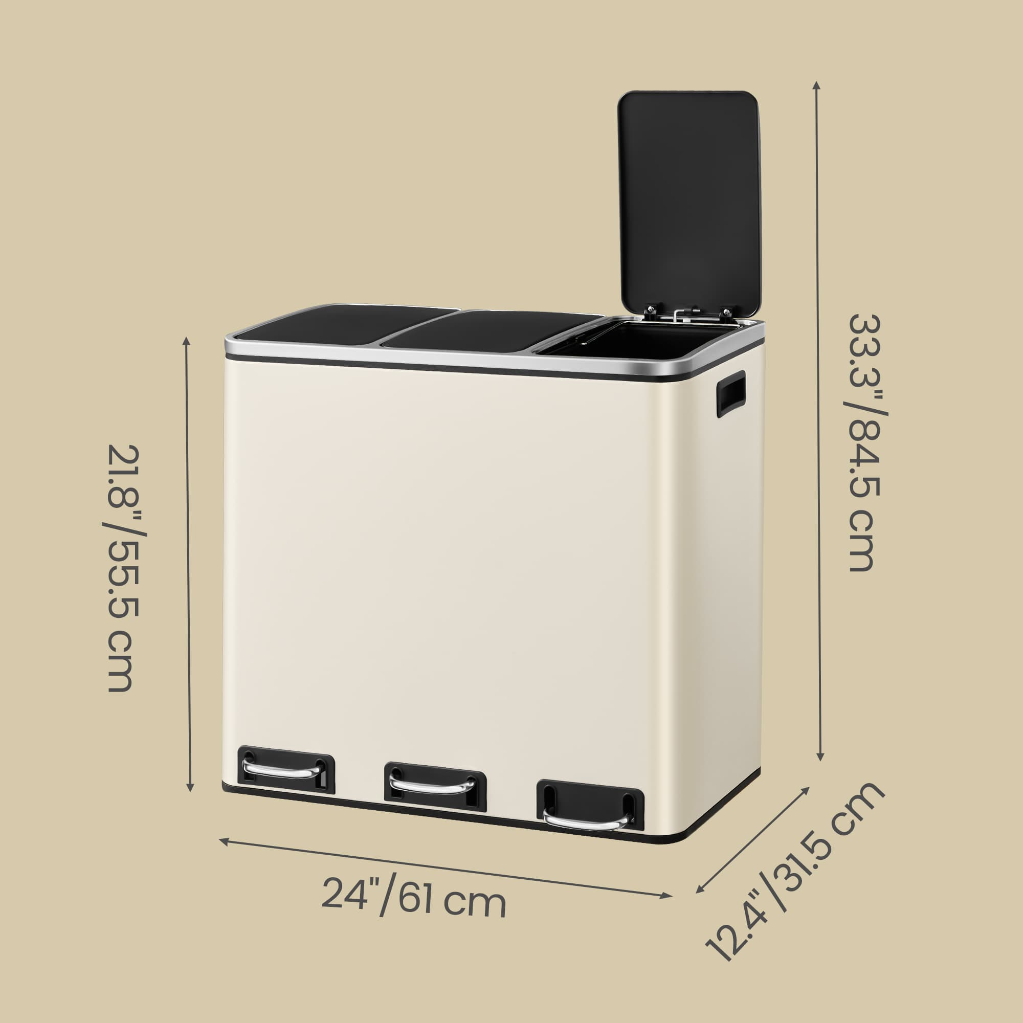 Triple Pedal Bin - Stainless Steel - Beige - 54 L with Soft-Close Lids and Compartments