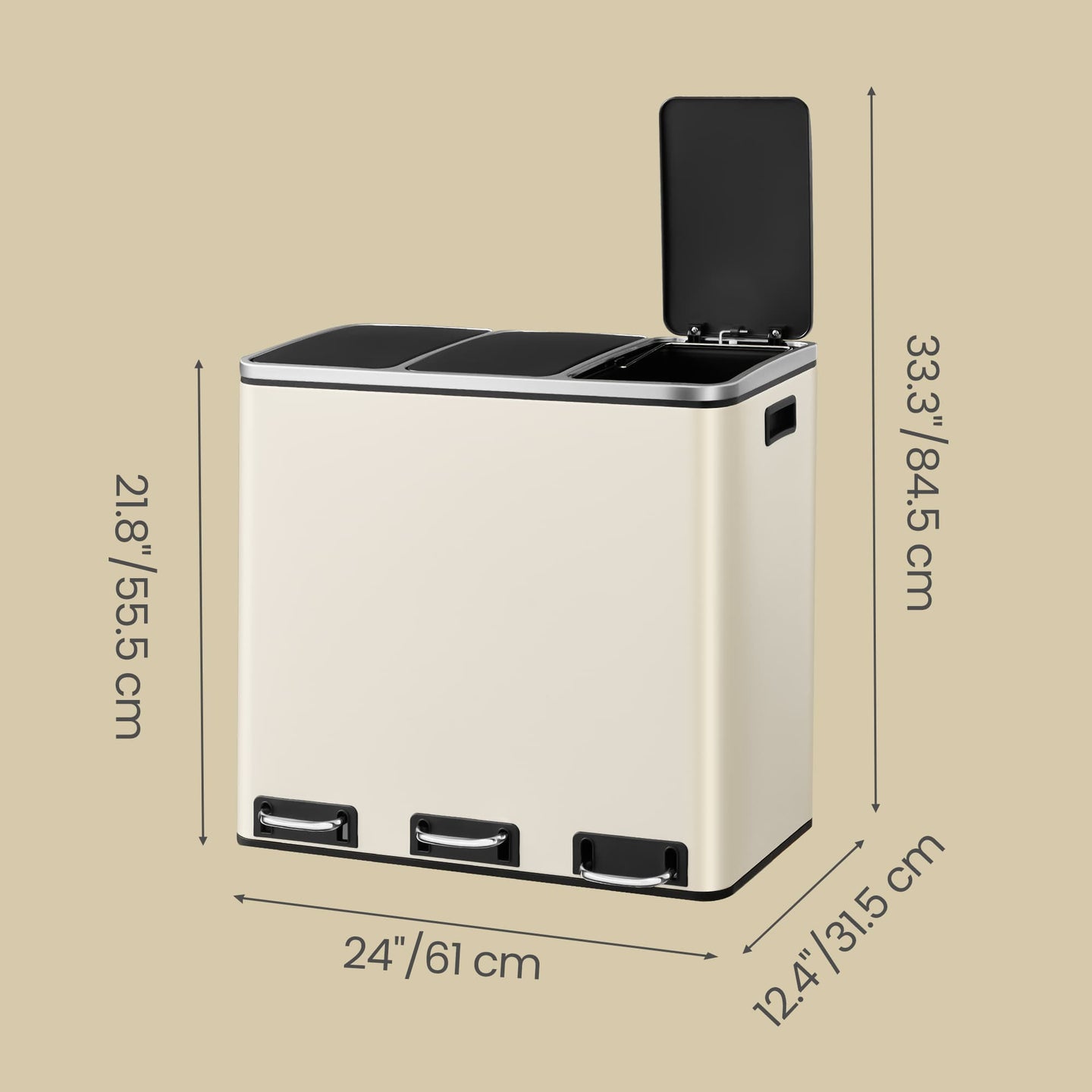 Triple Pedal Bin - Stainless Steel - Beige - 54 L with Soft-Close Lids and Compartments