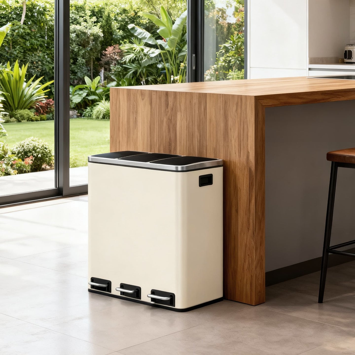 Triple Pedal Bin - Stainless Steel - Beige - 54 L with Soft-Close Lids and Compartments