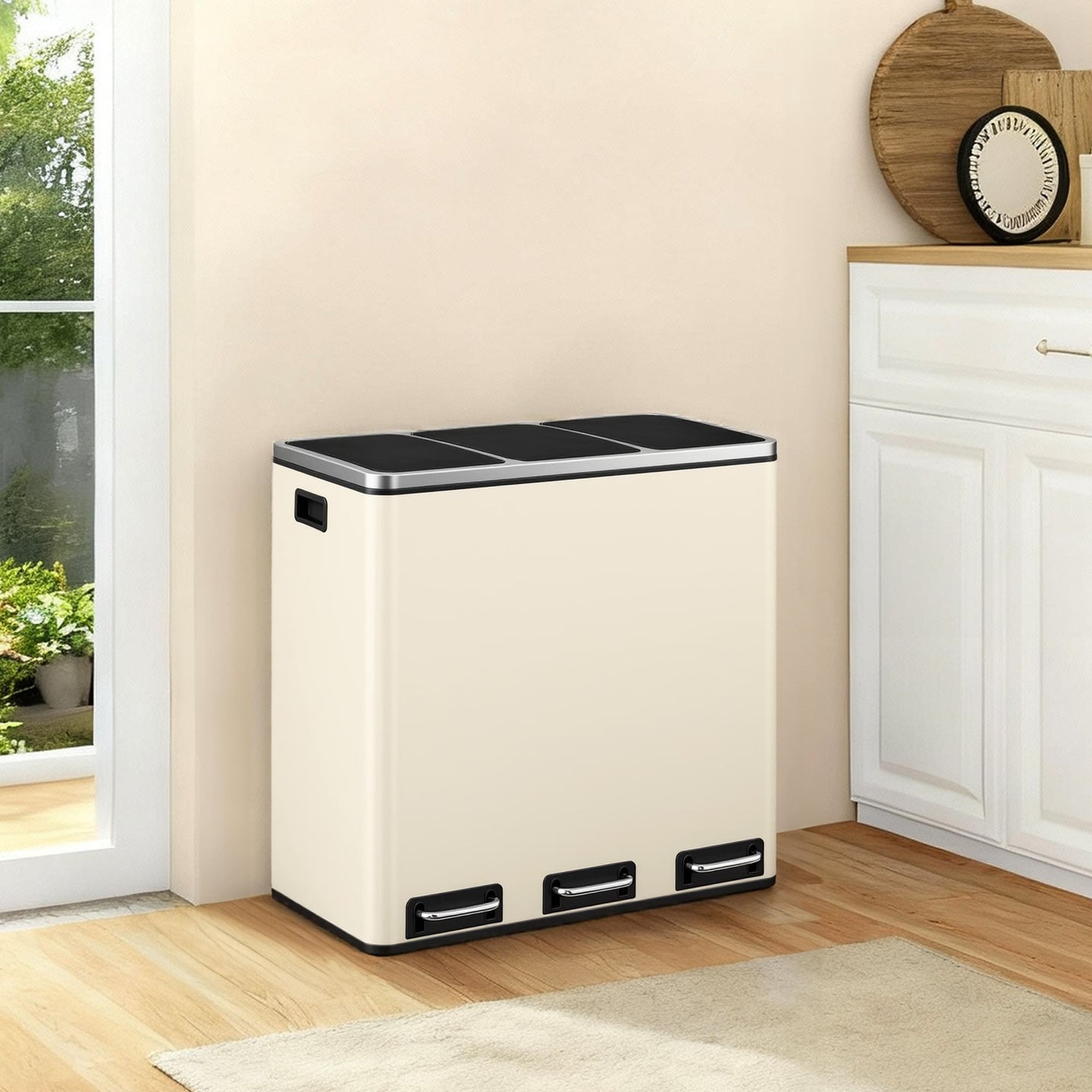 Triple Pedal Bin - Stainless Steel - Beige - 54 L with Soft-Close Lids and Compartments