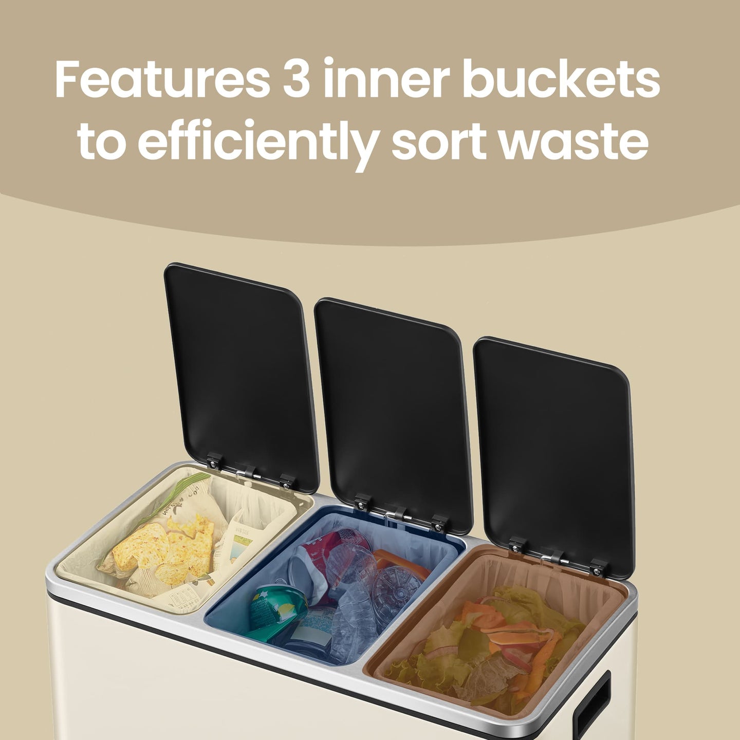 Triple Pedal Bin - Stainless Steel - Beige - 54 L with Soft-Close Lids and Compartments