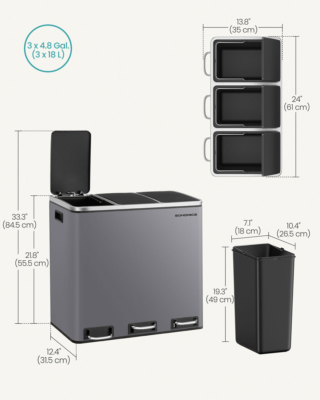 Rubbish Bin - Stainless Steel - Matte Grey - Trio Design with Soft-Closing Lids and 15 Liners Included