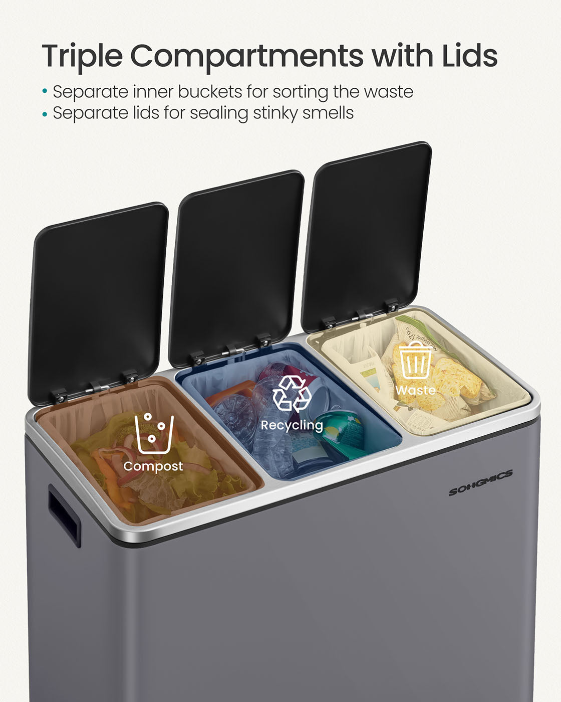 Rubbish Bin - Stainless Steel - Matte Grey - Trio Design with Soft-Closing Lids and 15 Liners Included