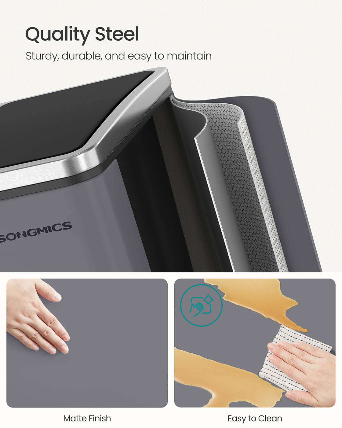 Rubbish Bin - Stainless Steel - Matte Grey - Trio Design with Soft-Closing Lids and 15 Liners Included
