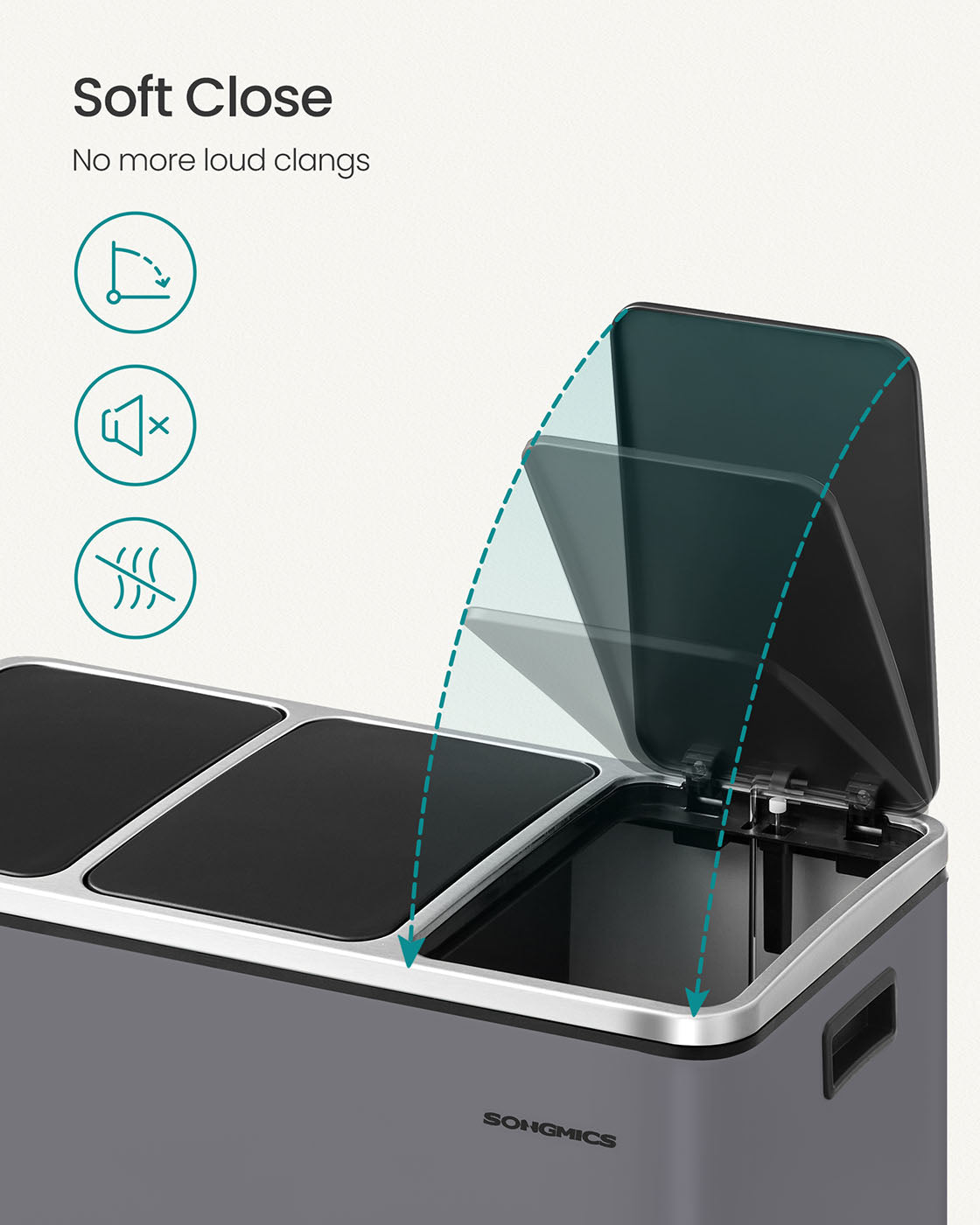 Rubbish Bin - Stainless Steel - Matte Grey - Trio Design with Soft-Closing Lids and 15 Liners Included