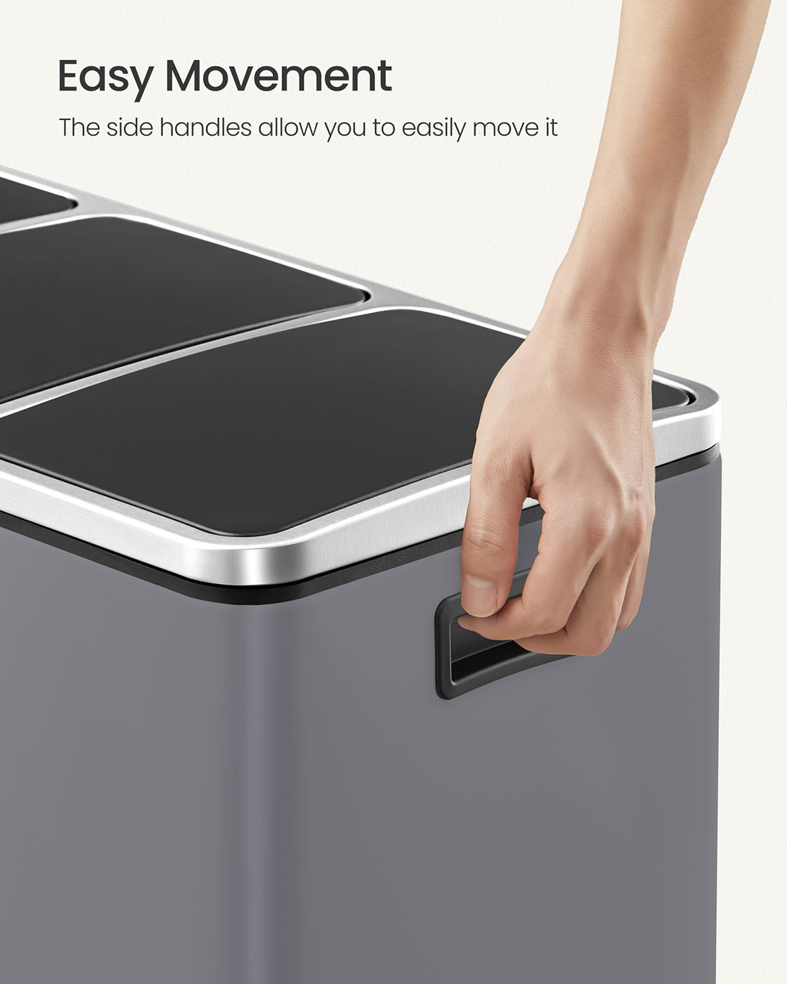 Rubbish Bin - Stainless Steel - Matte Grey - Trio Design with Soft-Closing Lids and 15 Liners Included