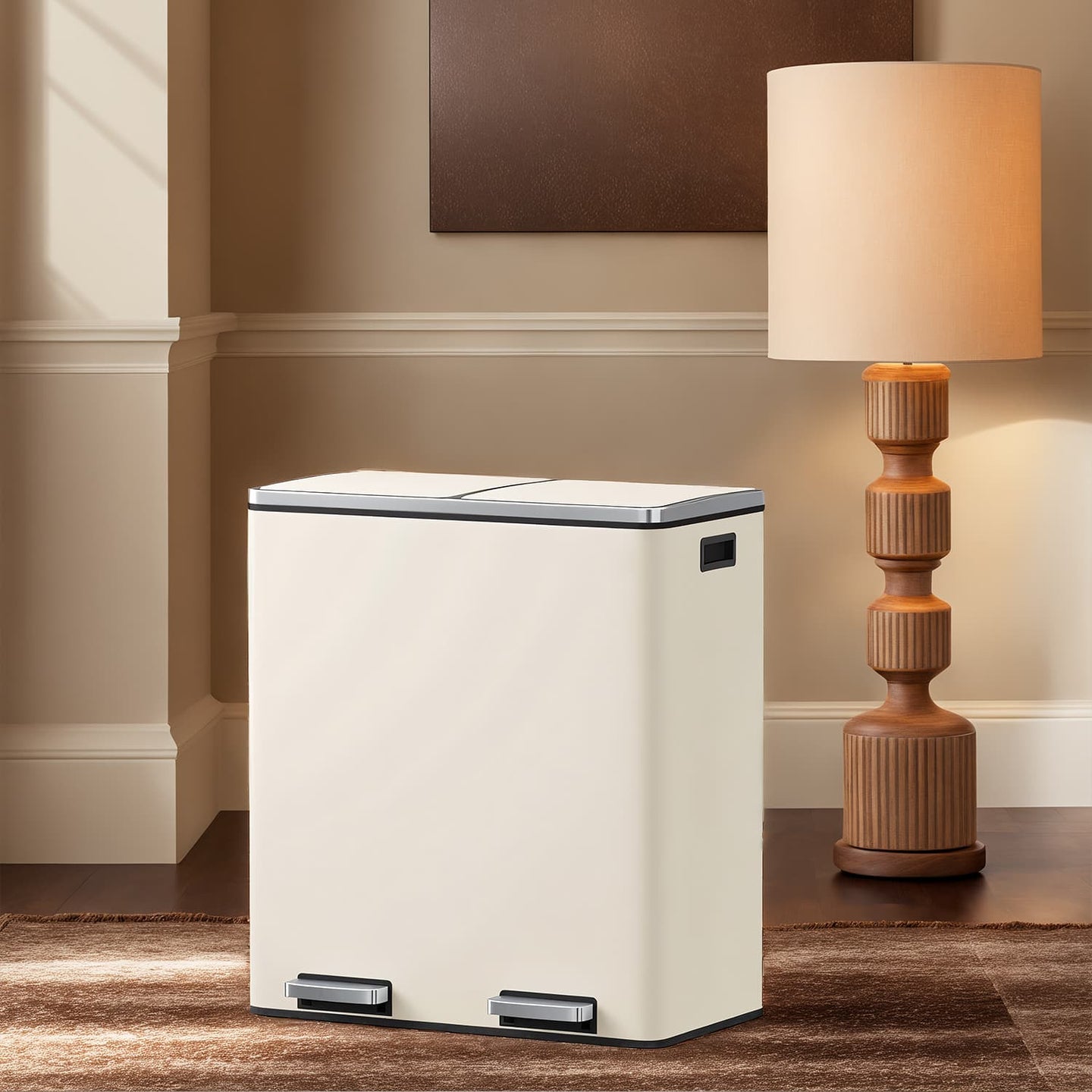 Recycling Bin - Plastic - Cream - 60L 2-Compartment with Soft-Close Lids