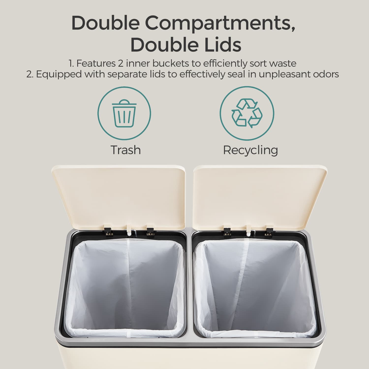 Recycling Bin - Plastic - Cream - 60L 2-Compartment with Soft-Close Lids