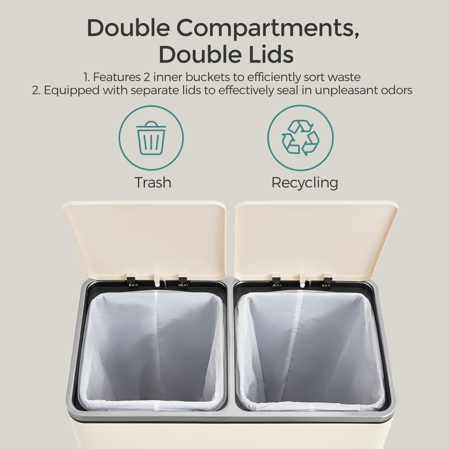 Recycling Bin - Plastic - Cream - 60L 2-Compartment with Soft-Close Lids