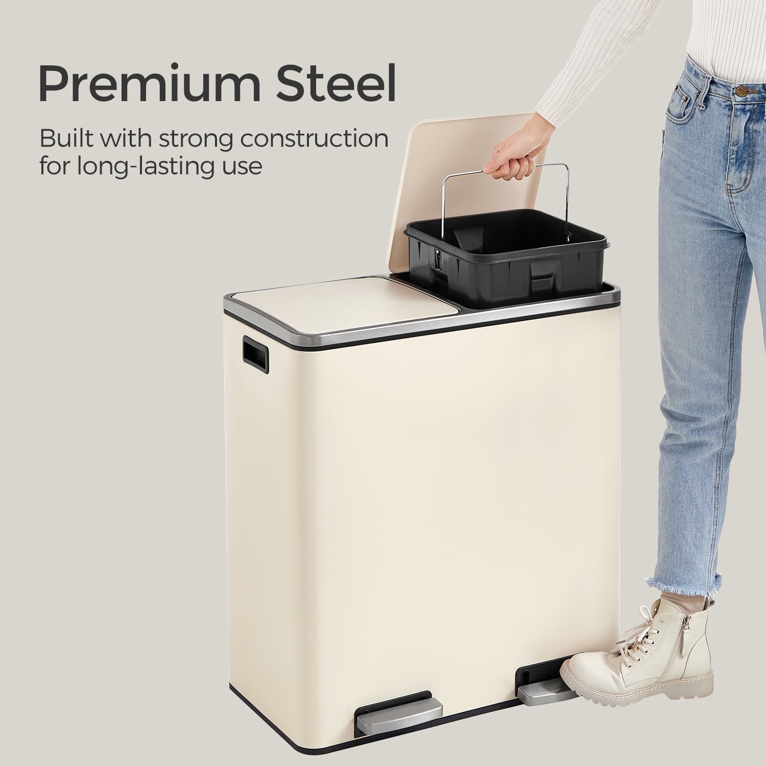 Recycling Bin - Plastic - Cream - 60L 2-Compartment with Soft-Close Lids