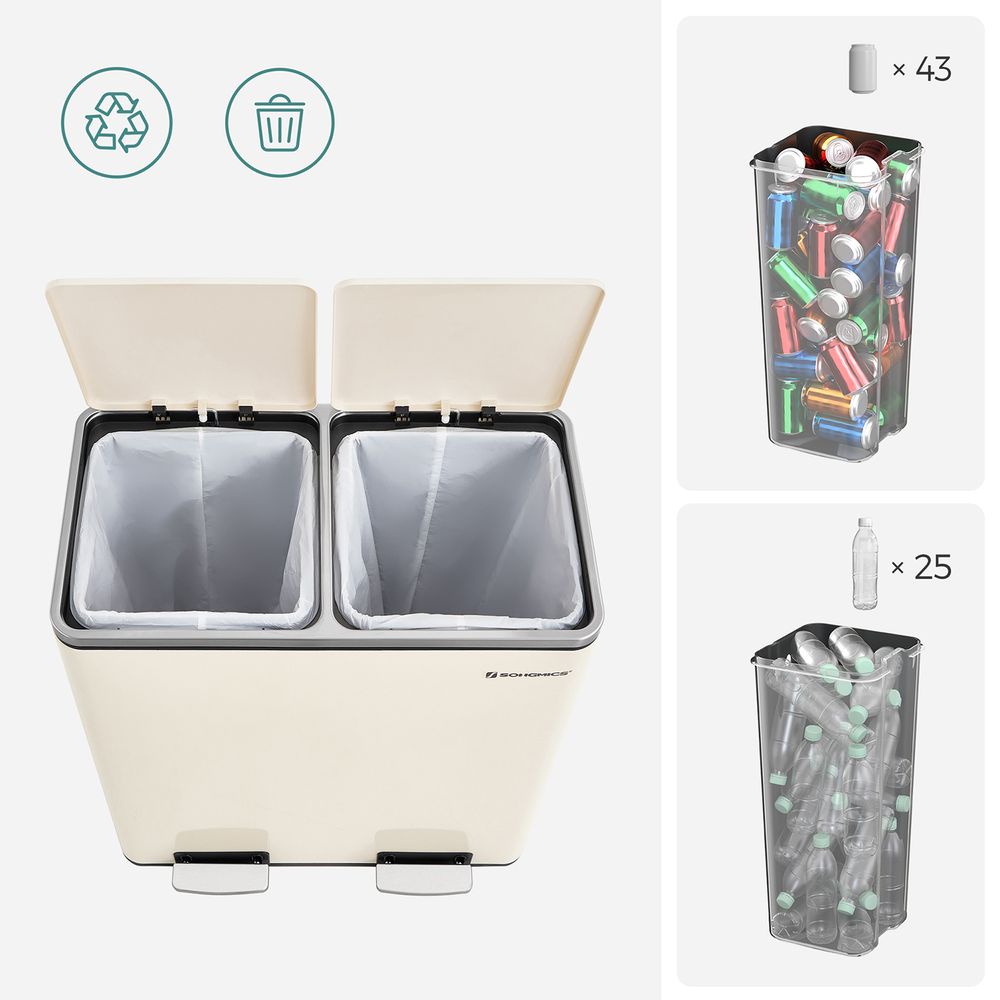 Step-Open Waste Bin - Metal - Cream - Dual Compartment with Soft Closure