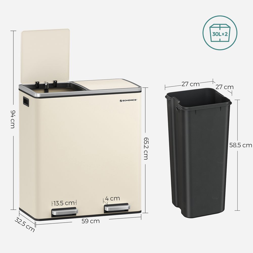 Step-Open Waste Bin - Metal - Cream - Dual Compartment with Soft Closure