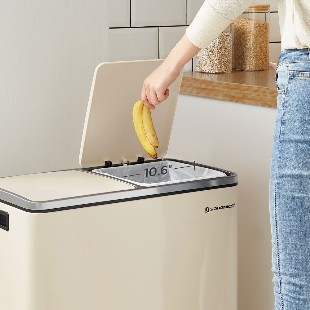 Step-Open Waste Bin - Metal - Cream - Dual Compartment with Soft Closure