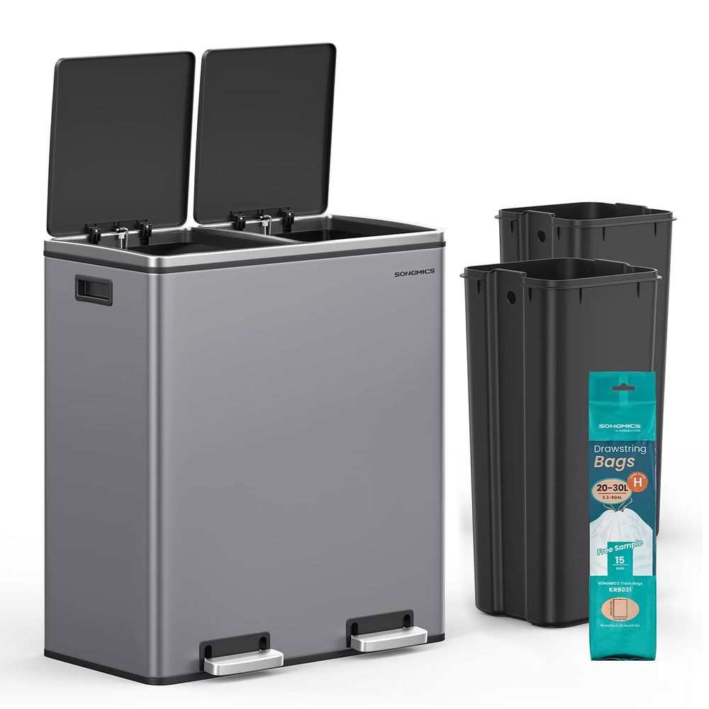 Step-Open Waste Bin - Metal - Cream - Dual Compartment with Soft Closure