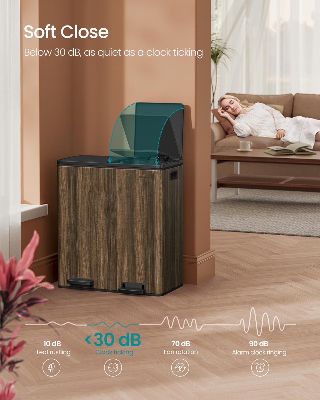 Dual Compartment Rubbish Bin - Stainless Steel - Dark Walnut - 60L Capacity with Carry Handles