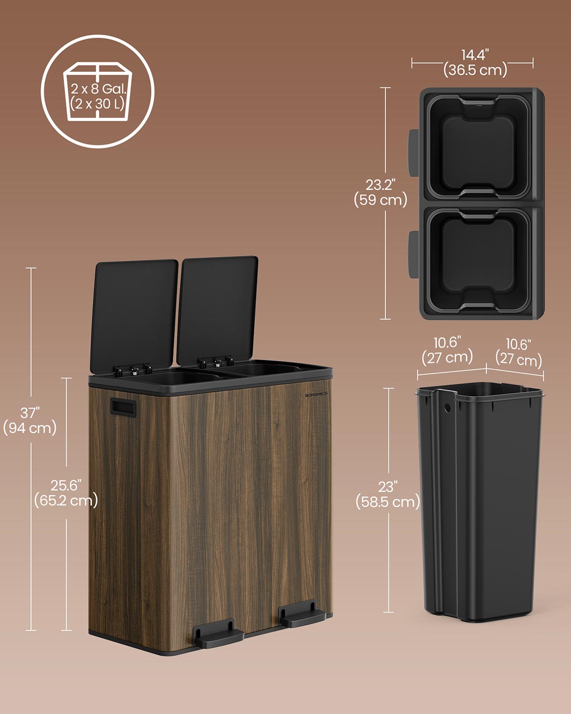 Dual Compartment Rubbish Bin - Stainless Steel - Dark Walnut - 60L Capacity with Carry Handles