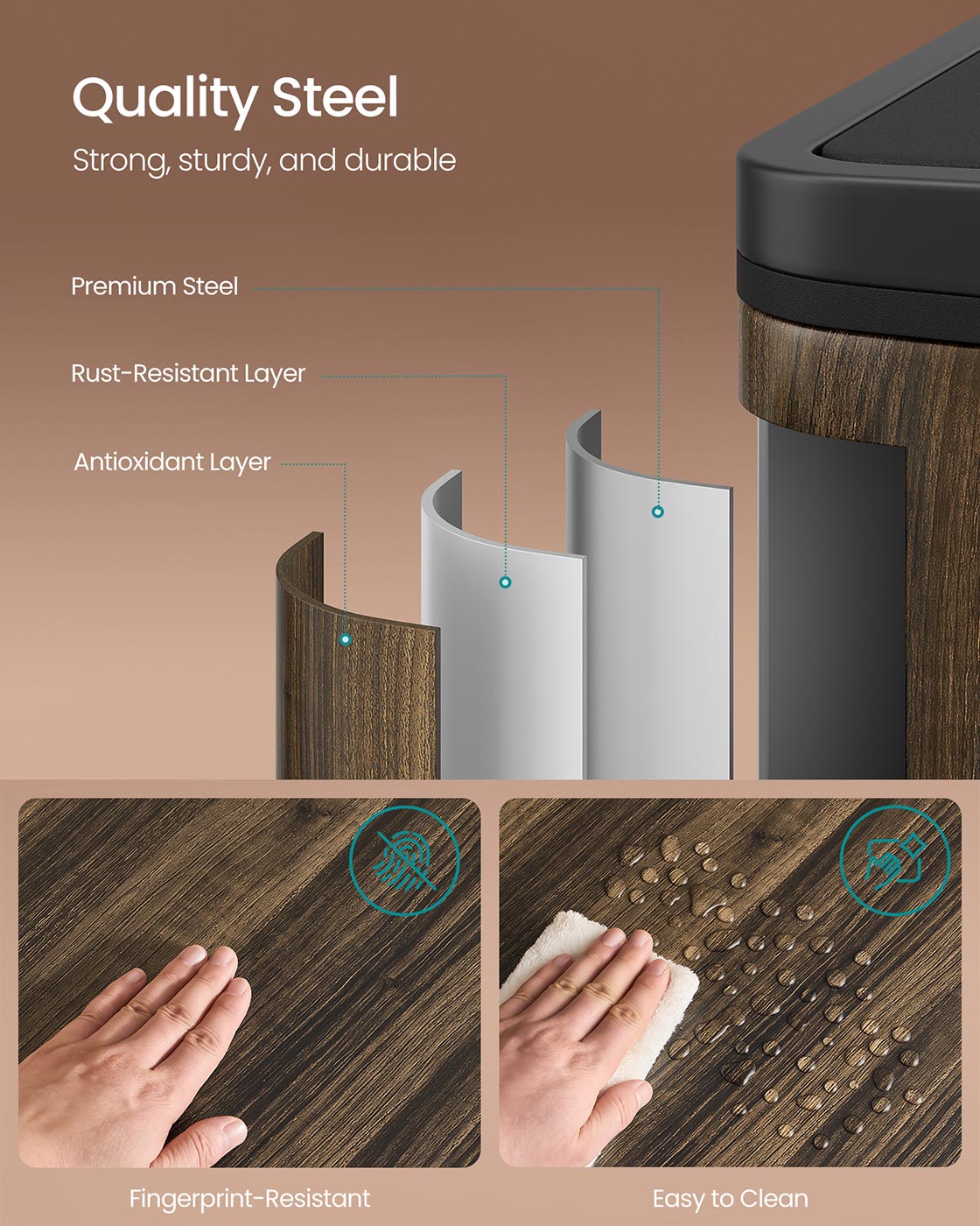 Dual Compartment Rubbish Bin - Stainless Steel - Dark Walnut - 60L Capacity with Carry Handles