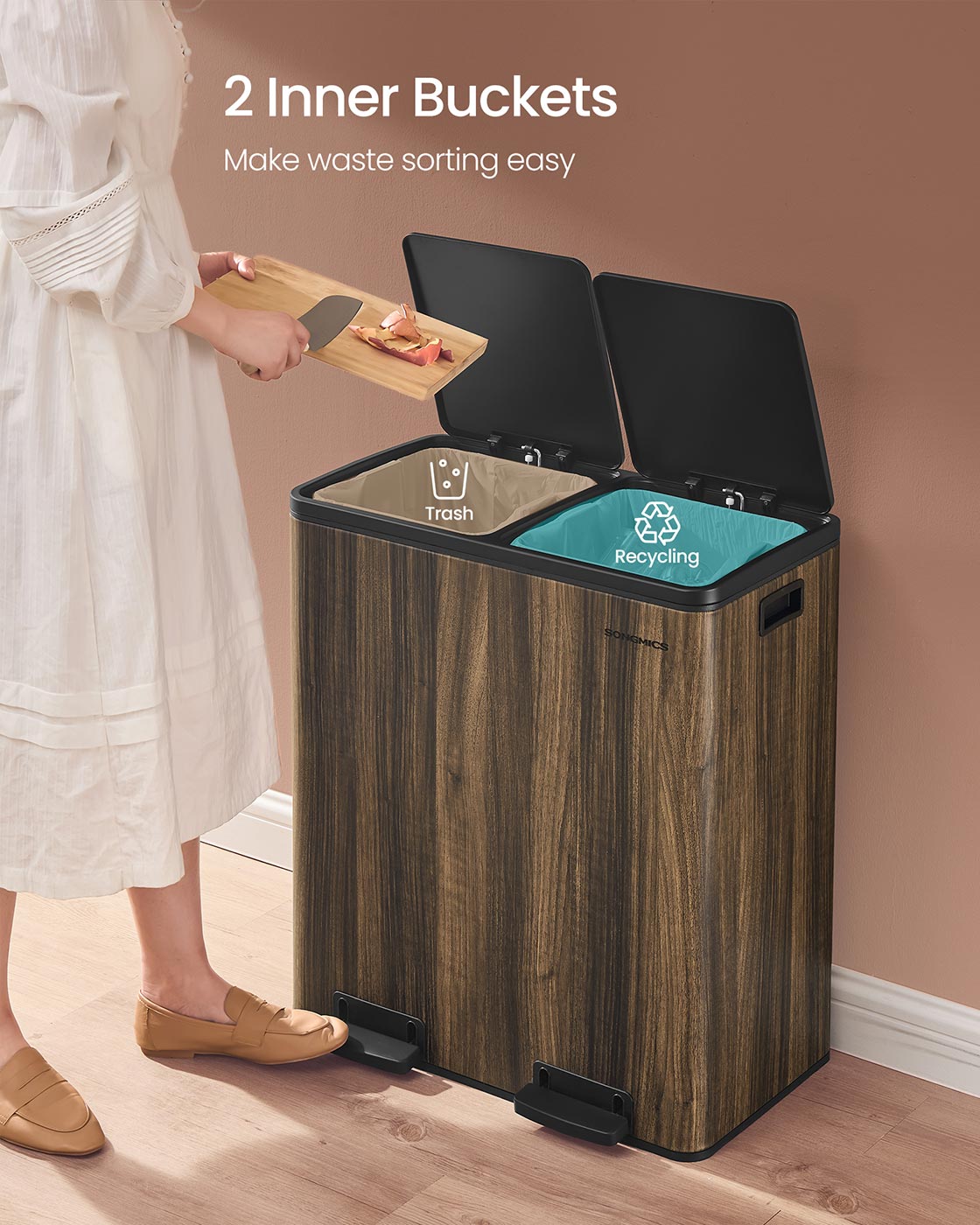 Dual Compartment Rubbish Bin - Stainless Steel - Dark Walnut - 60L Capacity with Carry Handles