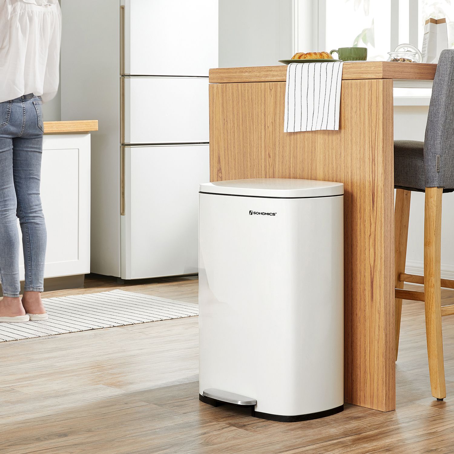 Pedal Kitchen Bin - Steel - Cloud White - 50L Capacity with Soft Close Inner Bucket