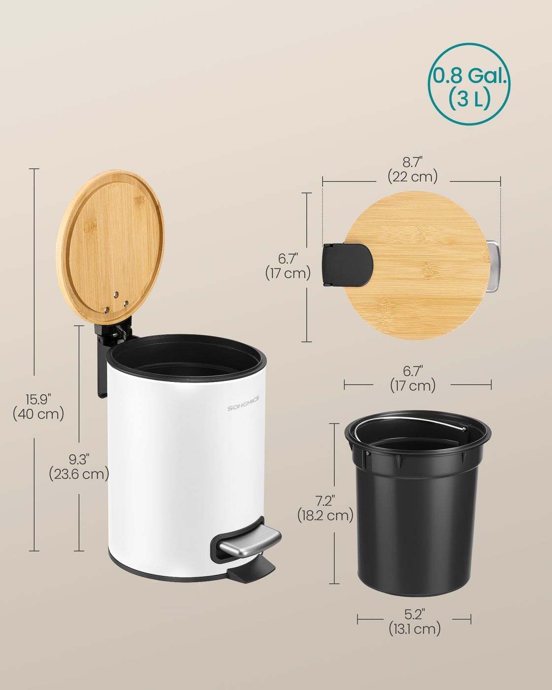 Small Waste Bin - Steel Bin and Plastic Inner Bucket - Cloud White
