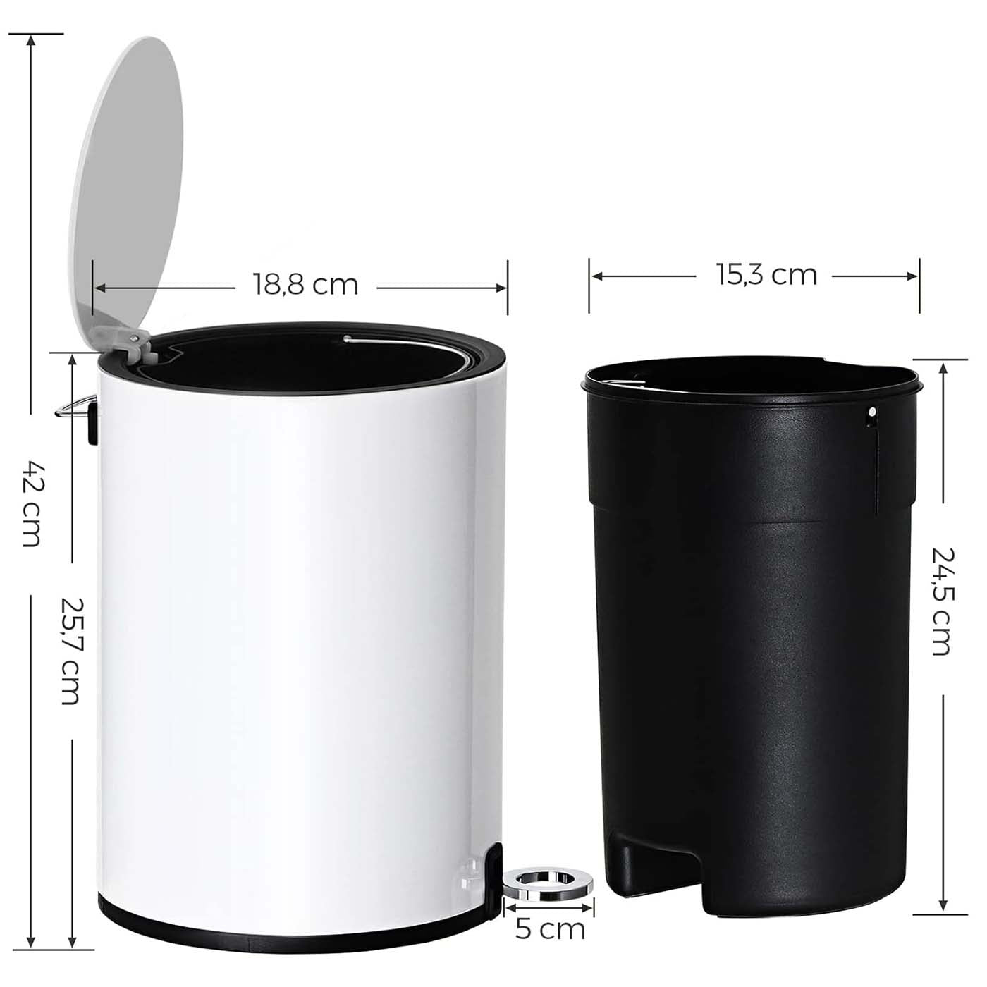 Bathroom Bin - Steel - White - Pedal Design with ABS Lid