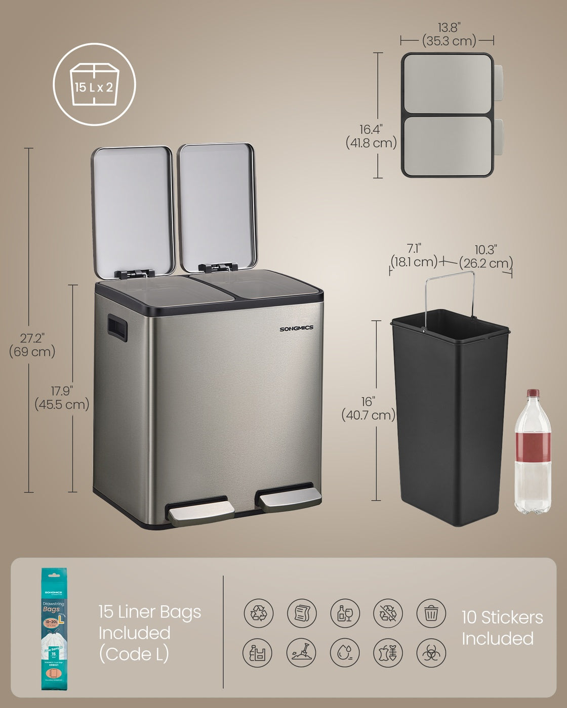 Recycling Bin - With Multiple Compartments - 41.8 x 35.3 x 45.5 cm