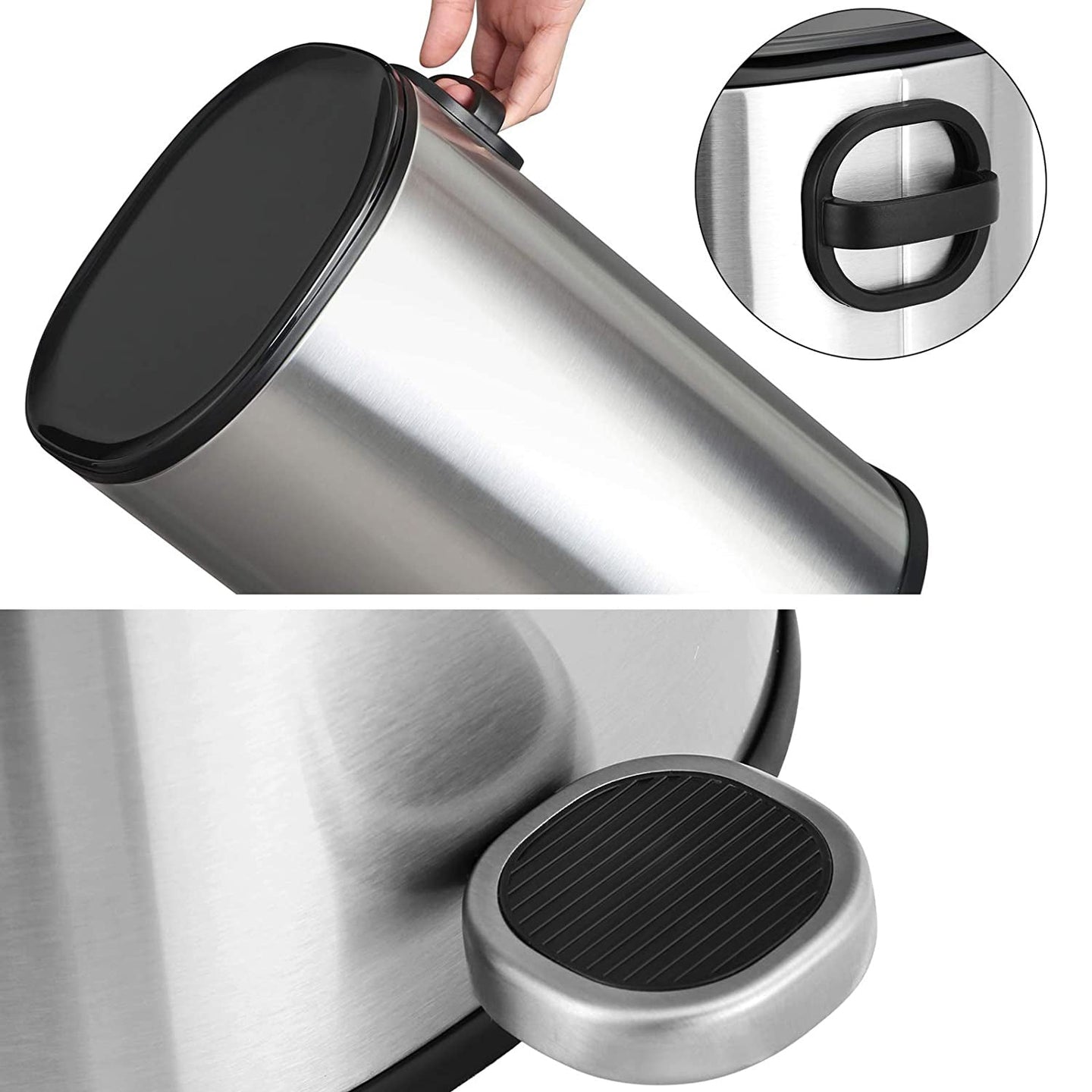 Step-Open Trash Can - Steel - Grey - 5L Capacity with Inner Bucket and Soft Closure