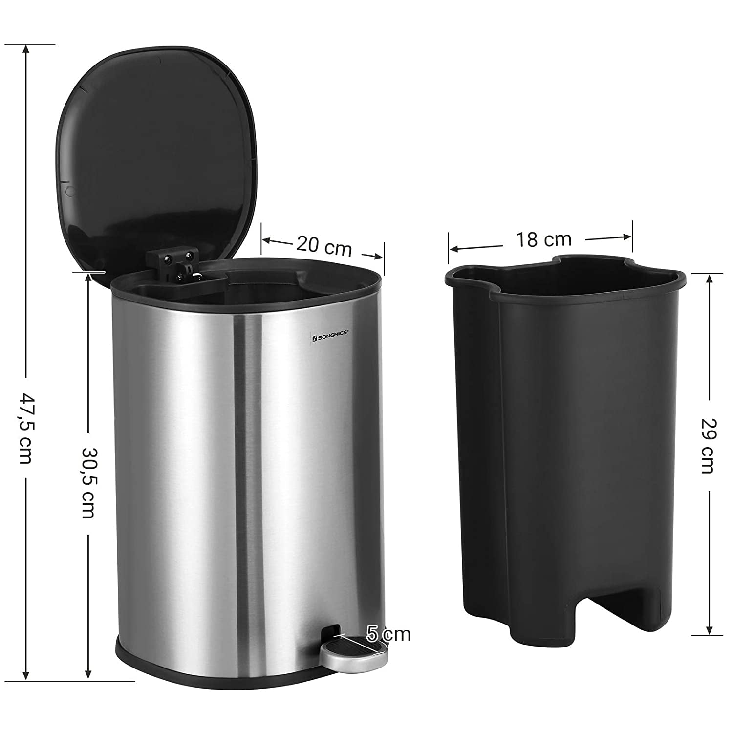 Step-Open Trash Can - Steel - Grey - 5L Capacity with Inner Bucket and Soft Closure